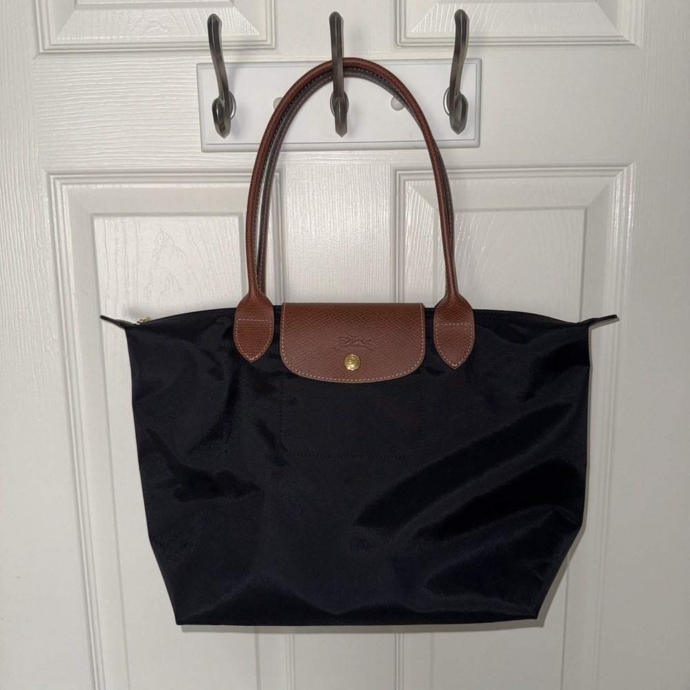 LONGCHAMP Le Pliage Black Nylon Leather Shoulder Bag Tote Zip Purse EUC - Picture 11 of 12
